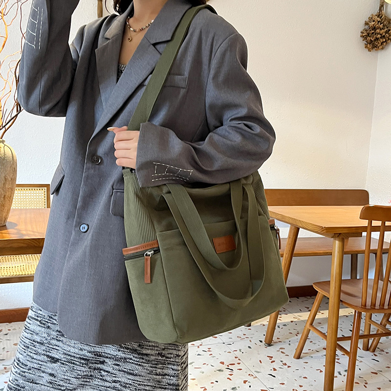 Beige Tote Bag für Damen ⎜ Robuste Cord-Tasche mit Leder-Details und Verstellbarem Schulterriemen