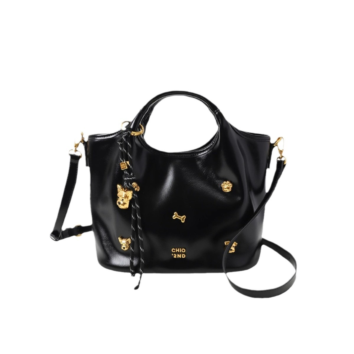 Damen Handtasche mit Hunde-Details ⎜ Verspielte Schultertasche mit Tragegriff für Alltag und Freizeit