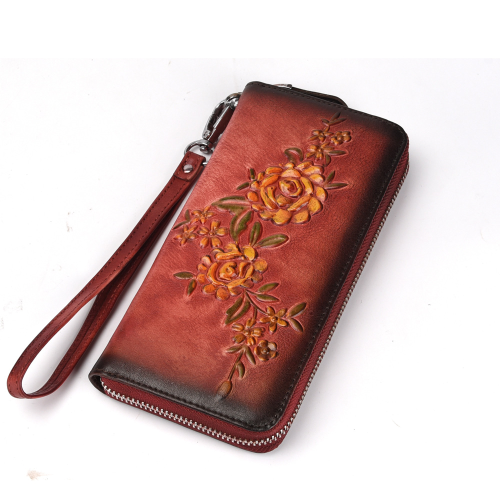 Damen Geldbörse aus Echtleder ⎜ Handtasche mit Rosenprägung, Reißverschluss und abnehmbarem Handgelenkriemen