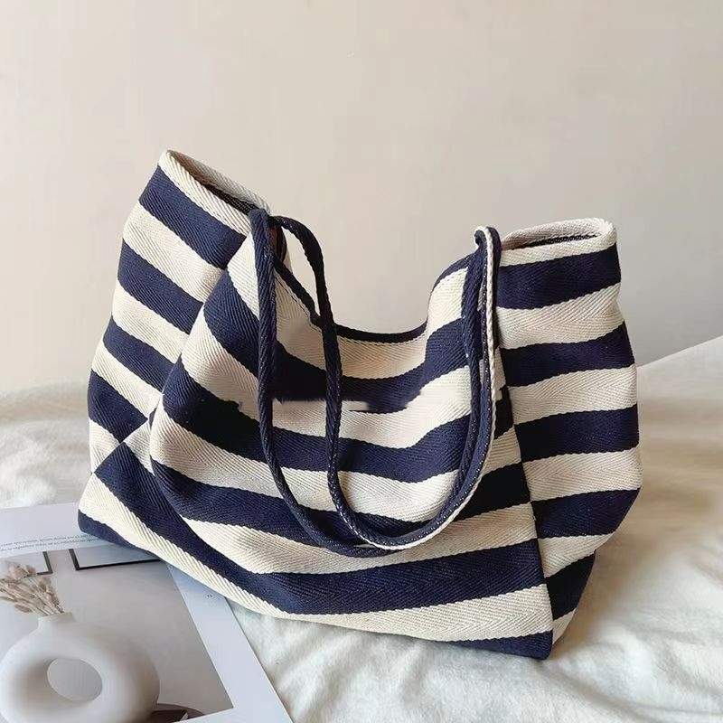Shopper Tasche für Damen ⎜ Gestreifte Canvas-Tasche mit Kordelgriffen und viel Platz für Alltag und Freizeit