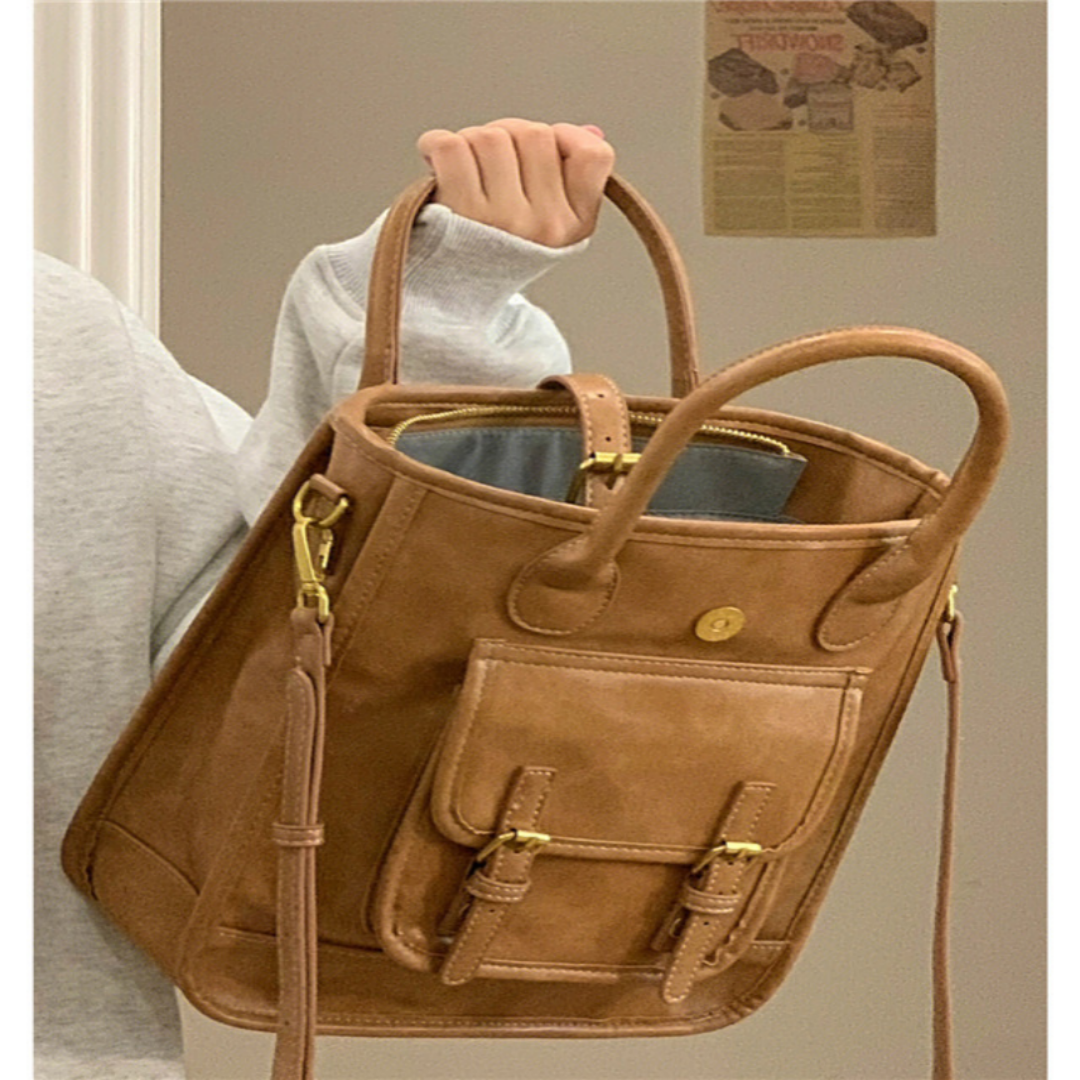 Tote Bag mit Schnallenoptik ⎜ Elegante Arbeitstasche für Damen mit Außentasche und Verstellbarem Schulterriemen