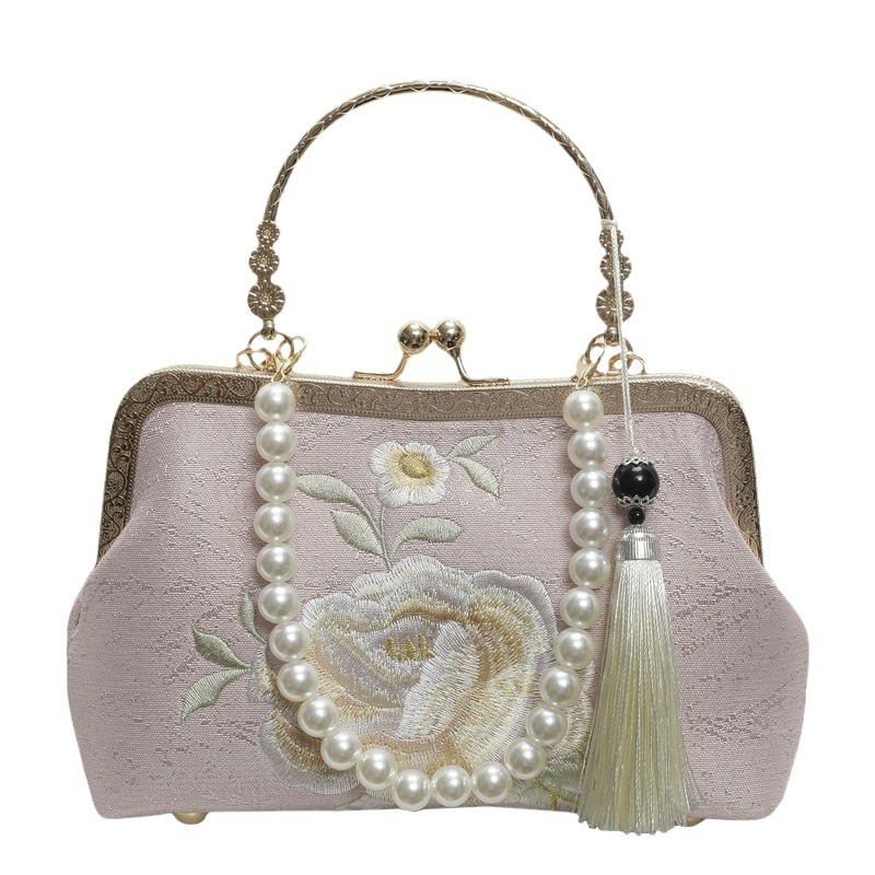 Stickerei Handtasche im Chinesischen Stil ⎜ Elegante Clutch mit Perlenhenkel und Traditionellem Blumenmuster