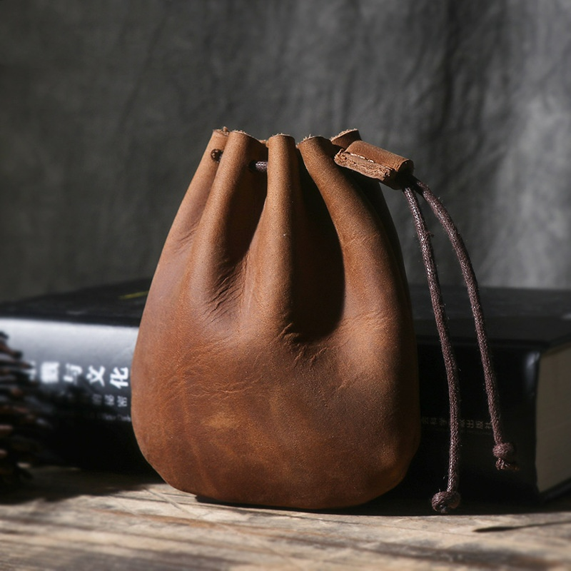Leder Münzbeutel mit Kordelzug ⎜ Vintage-Geldbörse aus Rindsleder für Kleingeld und kleine Utensilien