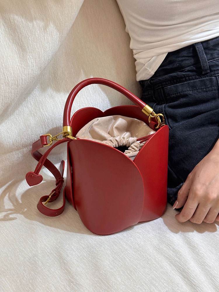 Damen Handtasche Rot – Elegante Blumentasche in Tulpenform mit Kordelzug