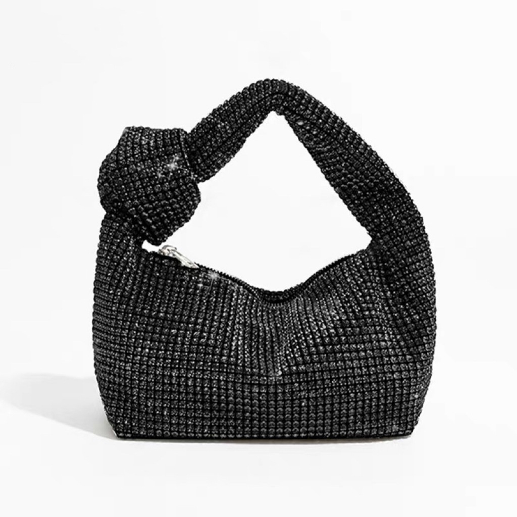 Abendtasche für Damen ⎜ Elegante Schultertasche mit Strassbesatz und Knotenhenkel für festliche Anlässe
