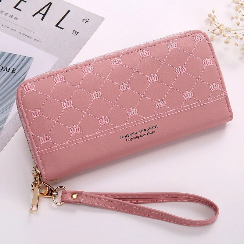 Damen Clutch Geldbörse mit Krönchen-Stickerei ⎜ Lange Reißverschlussbörse mit Handschlaufe und edlem Muster