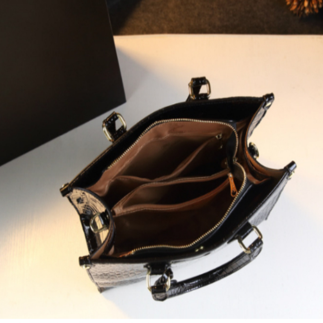 Damen Handtasche mit Krokoprägung ⎜ Elegante Schultertasche für Büro und Alltag mit glänzendem Finish und Kurzgriffen