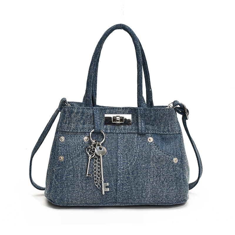 Damen Jeans Handtasche ⎜ Stylische Umhängetasche mit Nieten und Schlüsselanhänger