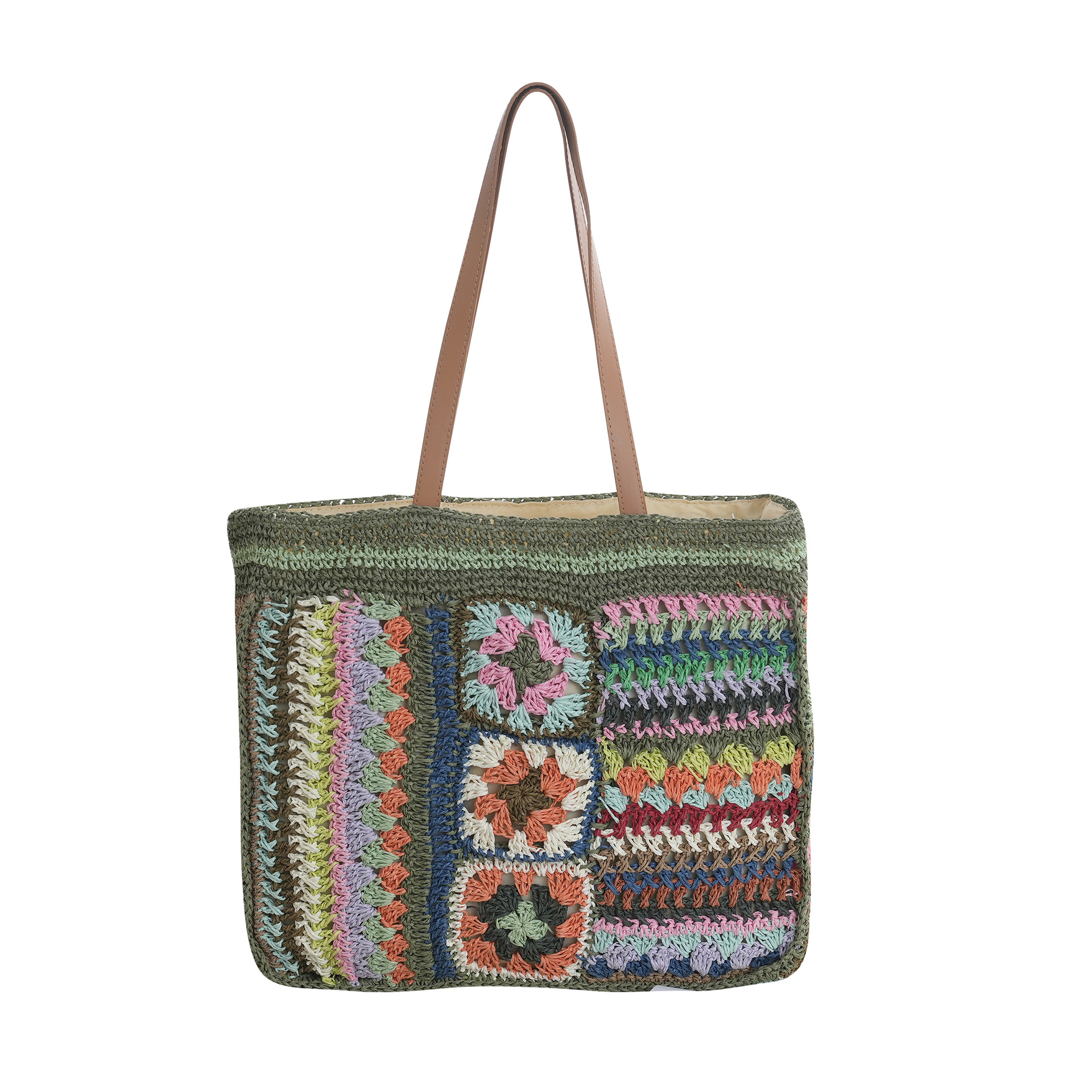 Strandtasche im Boho-Stil ⎜ Handgefertigte Häkel-Tasche aus Papier und Stroh mit buntem Muster