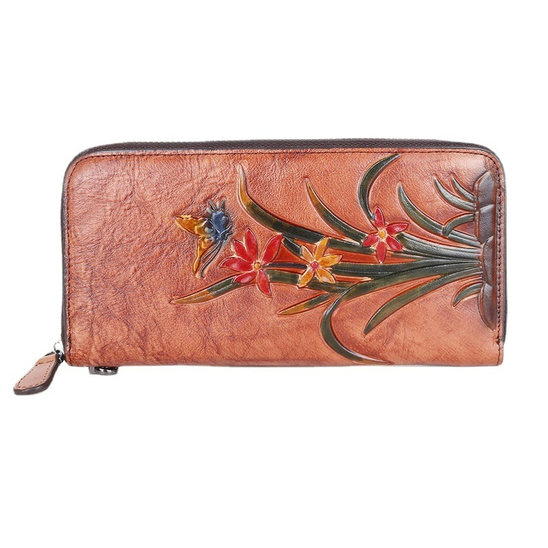 Lange Damen Geldbörse aus Leder ⎜ Retro Clutch mit Blumenprägung und vielen Kartenfächern