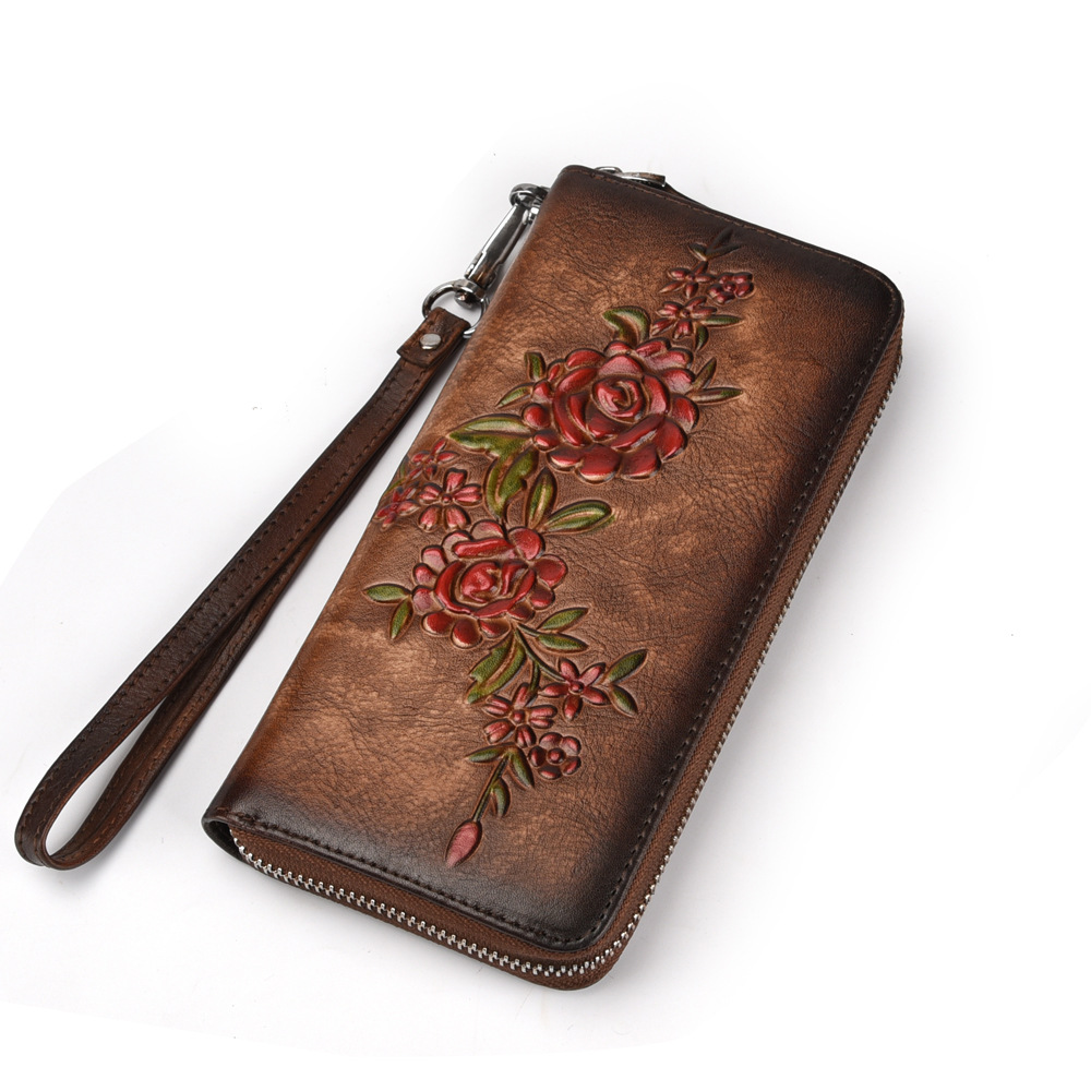 Damen Geldbörse aus Echtleder ⎜ Handtasche mit Rosenprägung, Reißverschluss und abnehmbarem Handgelenkriemen