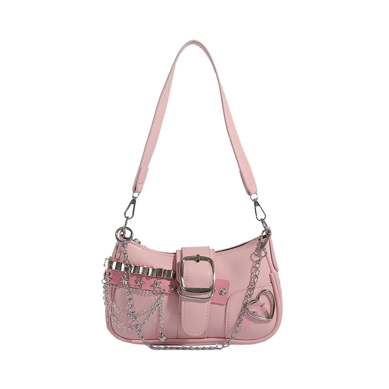 Schultertasche für Damen ⎜ Stylische Underarm-Bag mit Ketten, Sternnieten und Gürteldetail für trendige Outfits