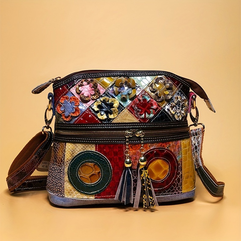 Damen Umhängetasche Aus Echtleder ⎜ Bunte Tasche Mit Blumen Und Fransen Für Alltag