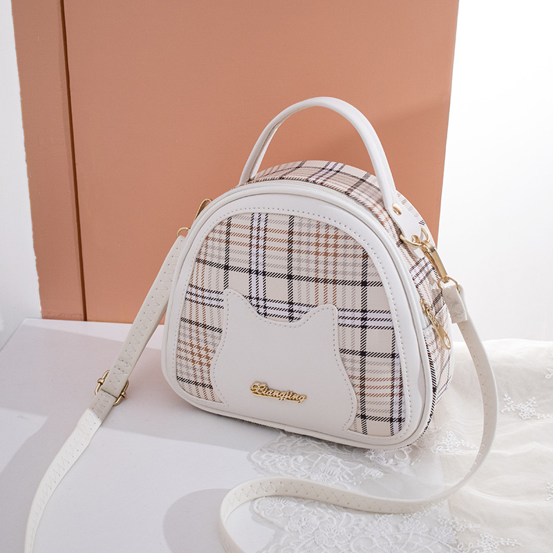 Umhängetasche für Damen ⎜ Karierte Schultertasche mit Katzenmotiv und Tragegriff für Alltag und Freizeit