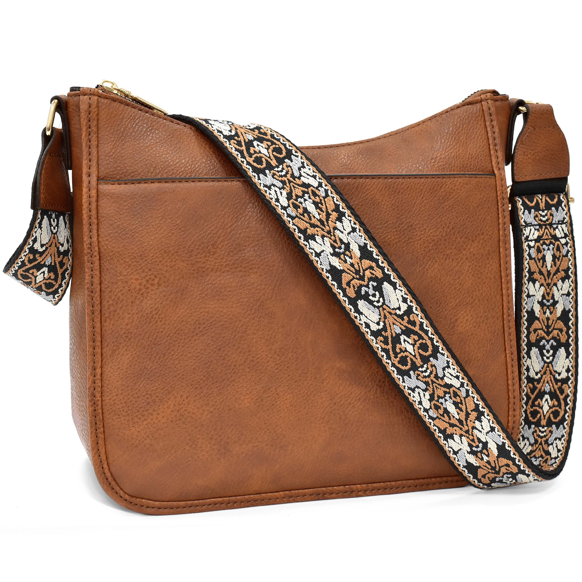 Damen Umhängetasche im Retro-Look ⎜ Schlichte Schultertasche mit gemustertem Gurt und großem Hauptfach
