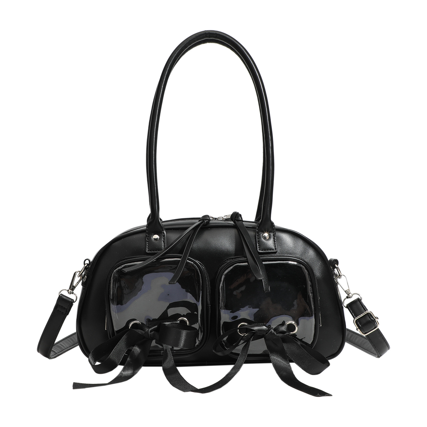 Schultertasche für Damen ⎜ Stilvolle Bowling-Bag mit Zierschleifen und praktischen Fronttaschen