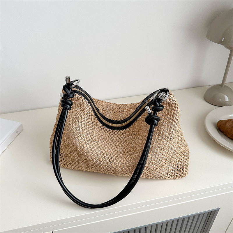 Damen Schultertasche aus Strohmaterial ⎜ Leichte Sommertasche mit Retro-Charme für Alltag und Ausflüge