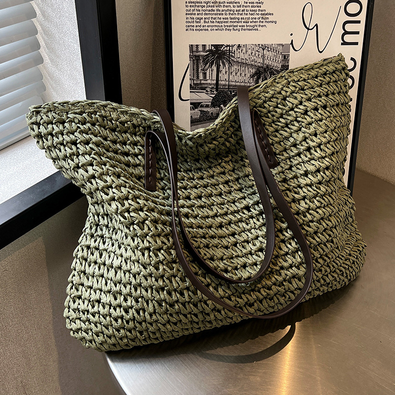 Strandtasche für Damen ⎜ Geflochtene Schultertasche mit Reißverschluss und großer Kapazität für Sommer und Freizeit