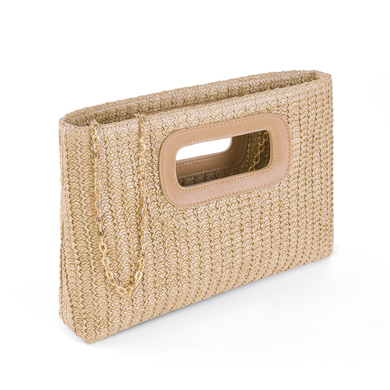Damen Clutch aus Strohgeflecht ⎜ Sommerliche Handtasche mit Griff und abnehmbarer Kette für Urlaub und Events