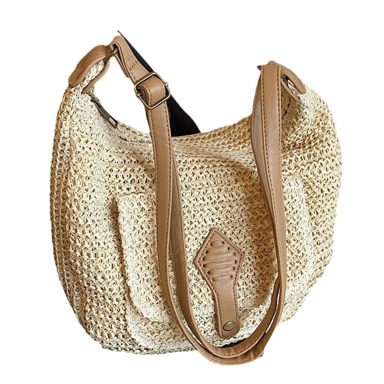 Strandtasche für Damen aus Strohmaterial ⎜ Geräumige Umhängetasche im Boho-Stil für Urlaub und Alltag