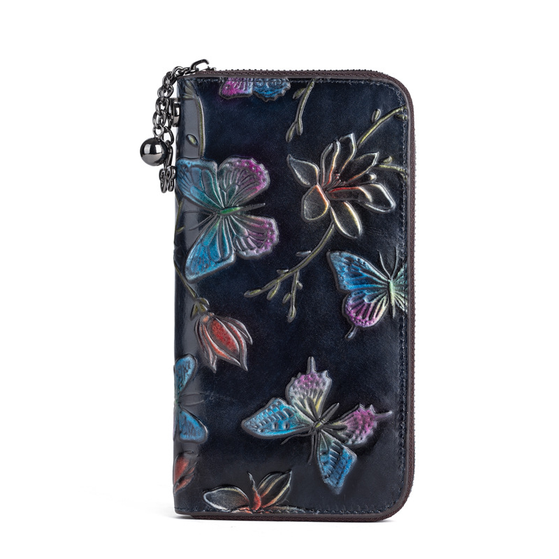 Damen Clutch aus Echtleder ⎜ Vintage Geldbörse mit Schmetterlingsprägung und abnehmbarem Handriemen