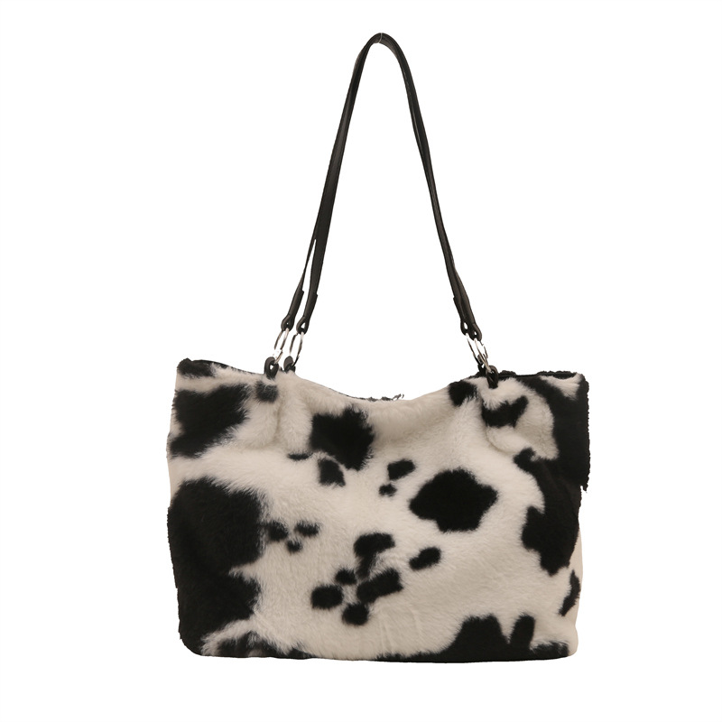 Shopper Tasche für Damen ⎜ Flauschige Schultertasche mit Kuhmuster und großem Stauraum für Alltag und Freizeit