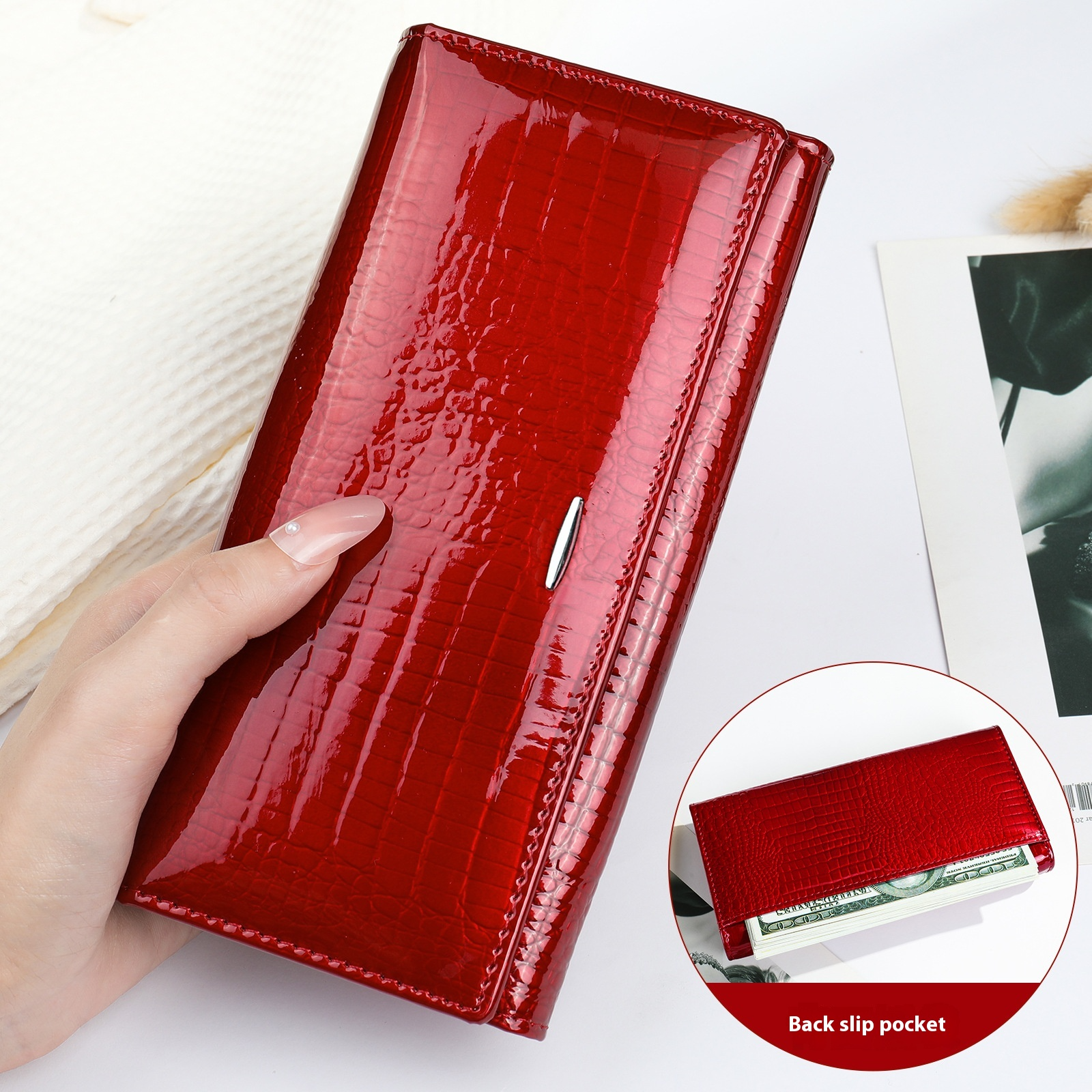 Damen Geldbörse aus Echtleder ⎜ Lange Portemonnaie im Krokodilleder-Look mit mehreren Kartenfächern