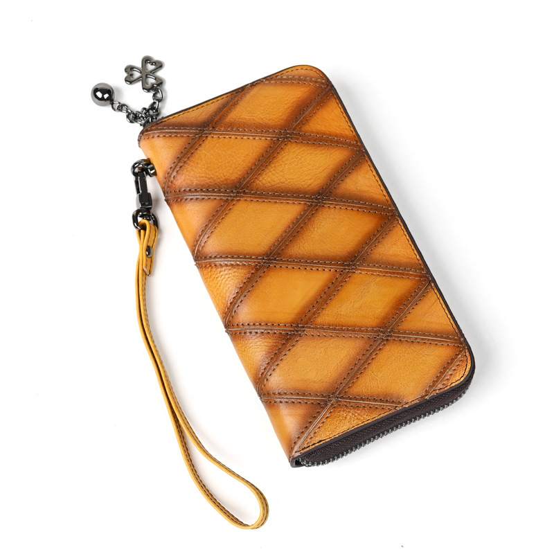 Damen Handy Tasche mit Reißverschluss ⎜ Lange Geldbörse aus Leder mit Rautenmuster und viel Stauraum