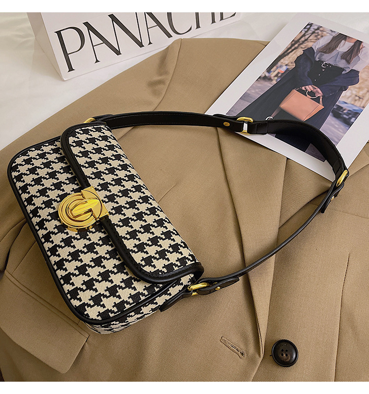 Damen Baguette Tasche ⎜ Schultertasche mit Hahnentrittmuster und Drehverschluss für stilvolle Outfits