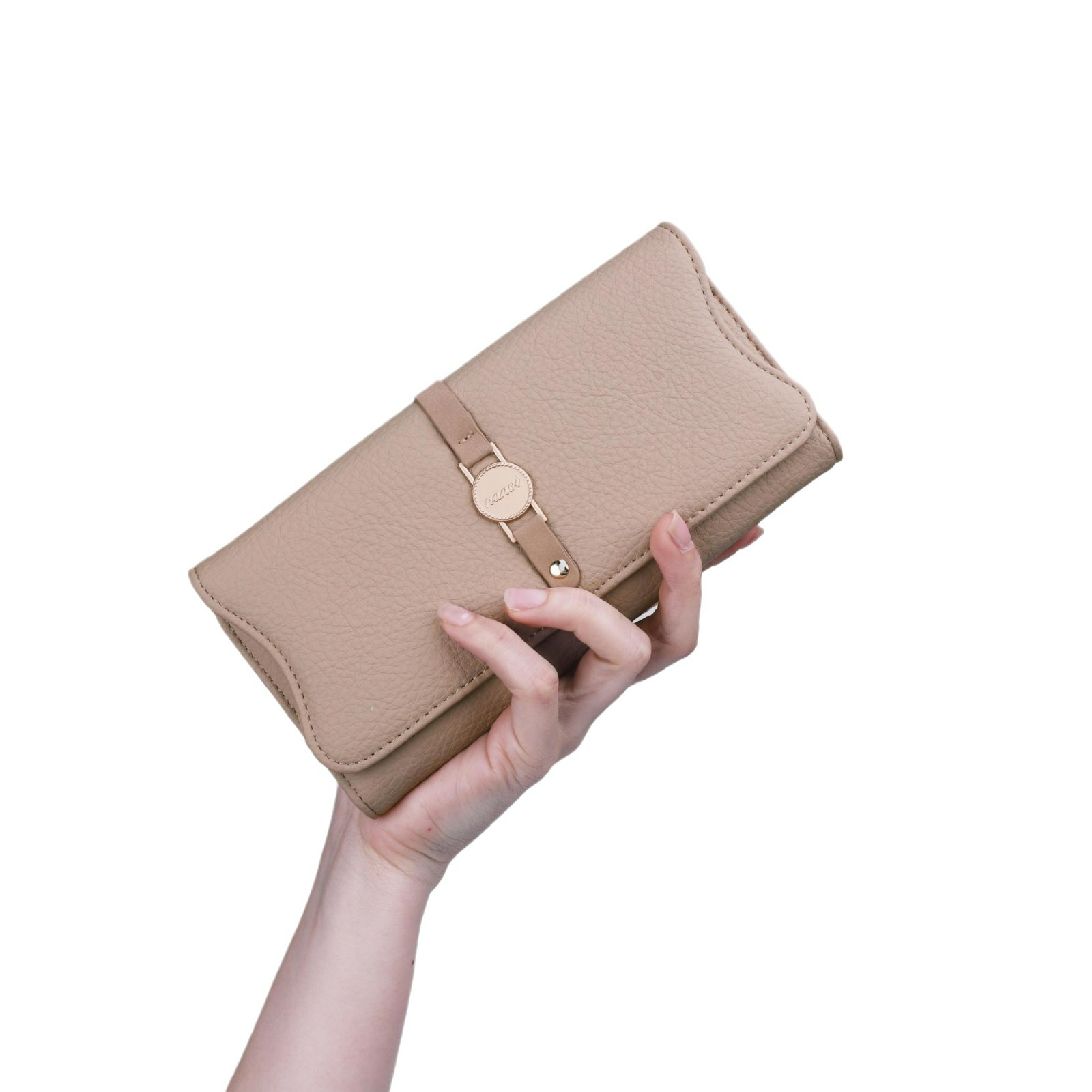 Damen Geldbörse aus Leder ⎜ Lange Brieftasche im schlichten Design mit Riemenverschluss und viel Stauraum