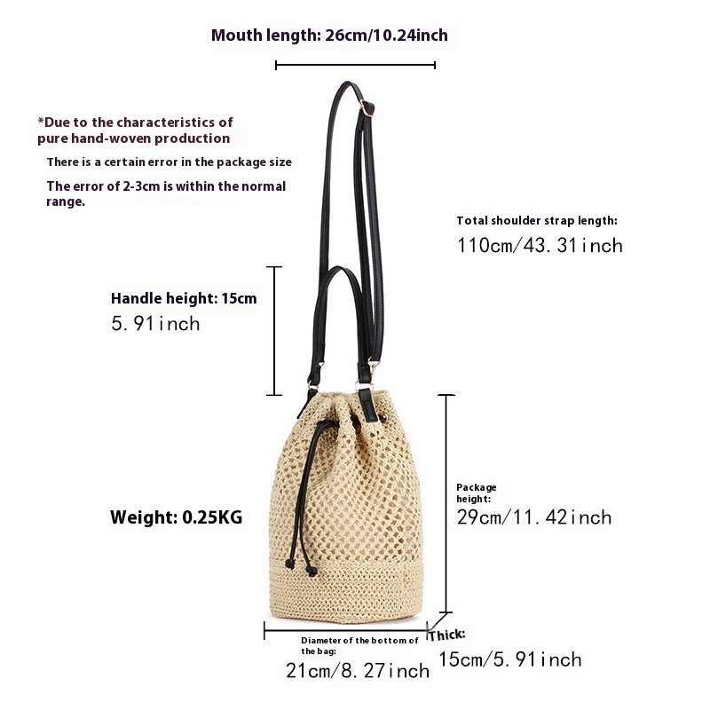 Damen Beuteltasche aus Strohgeflecht ⎜ Sommerliche Umhängetasche mit Kordelzug und verstellbarem Schulterriemen
