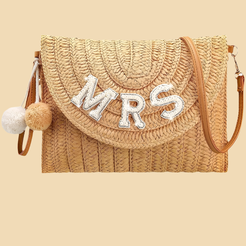 Umhängetasche aus Stroh für Damen ⎜ Stilvolle Clutch mit BRIDE-Schriftzug und Pompons für Junggesellinnenabschied