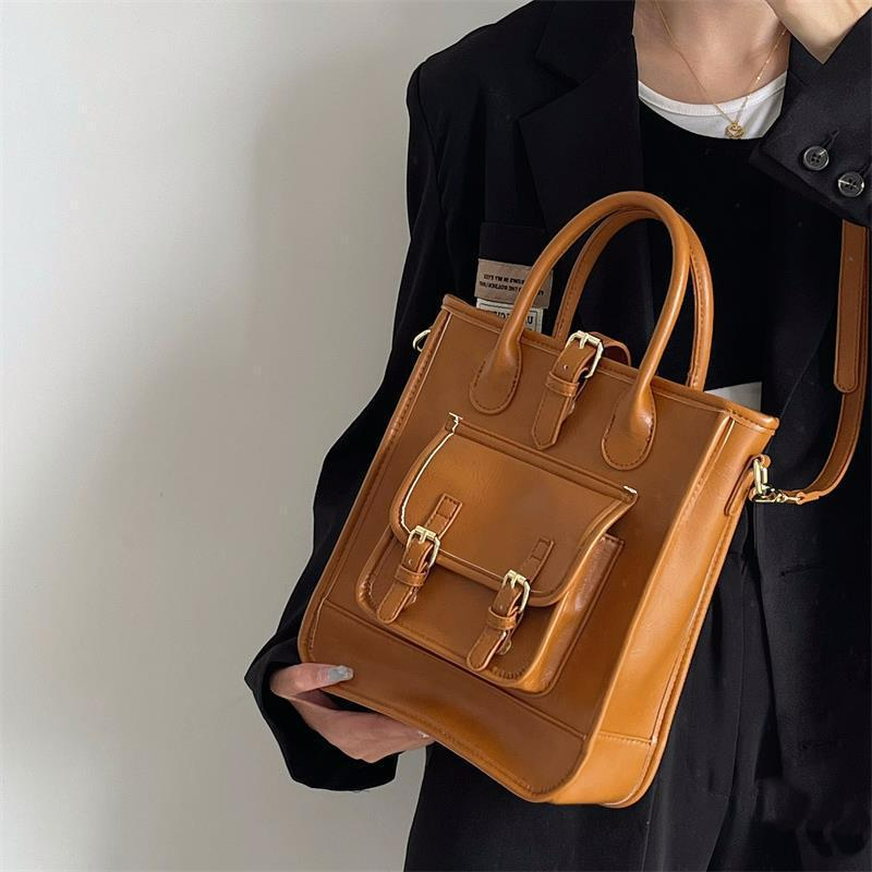 Tote Bag mit Schnallenoptik ⎜ Elegante Arbeitstasche für Damen mit Außentasche und Verstellbarem Schulterriemen