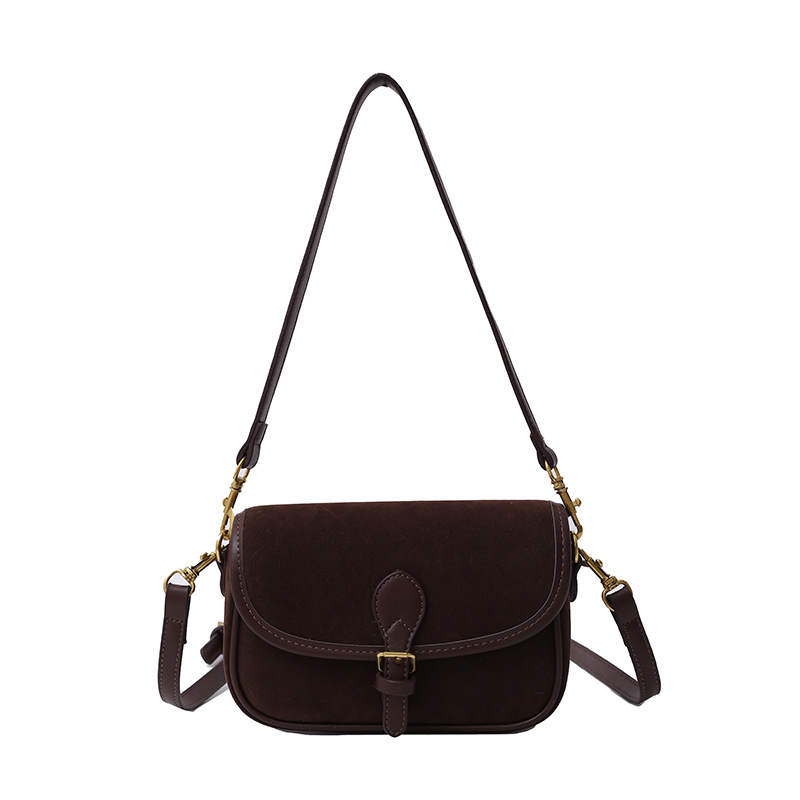 Schultertasche für Damen ⎜ Vintage Satteltasche aus Wildlederoptik mit Schnallendetail und verstellbarem Riemen