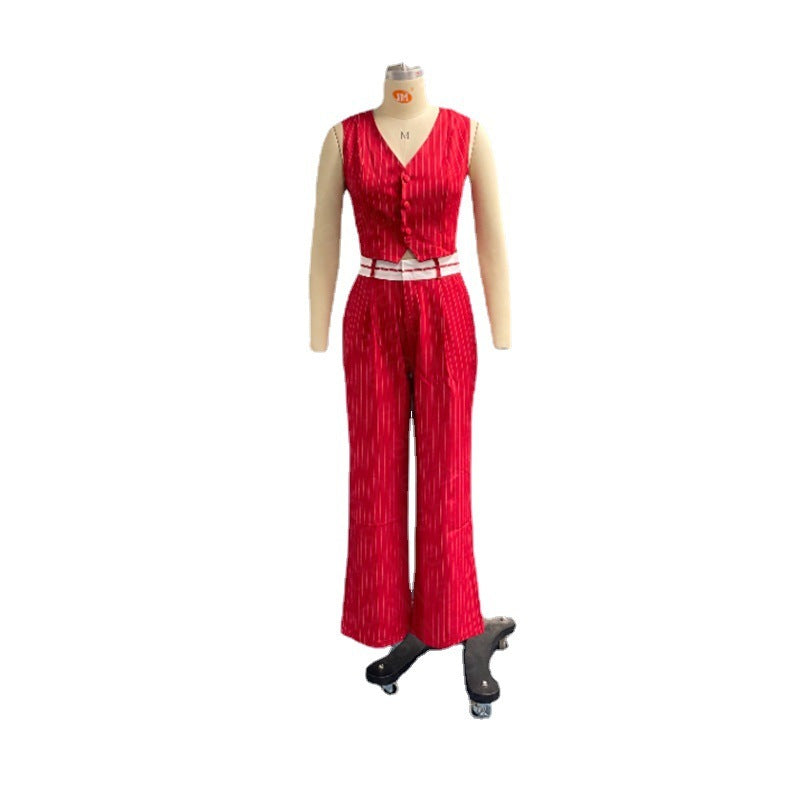 Emily – gestreiftes, geknöpftes Westentop und Hose im Taschendesign, 2-teilig