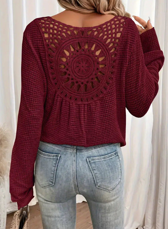 Amelia – elegantes Langarm-T-Shirt mit Waffelmuster und V-Ausschnitt