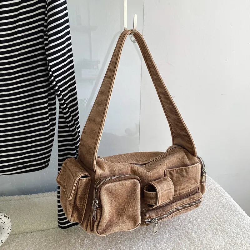 Schultertasche für Damen ⎜ Retro-Umhängetasche aus Denim mit mehreren Reißverschlussfächern für Alltag und Freizeit