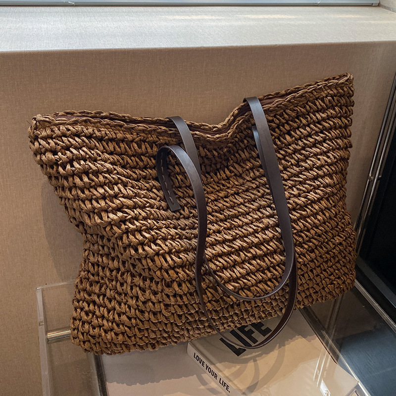 Strandtasche für Damen ⎜ Geflochtene Schultertasche mit Reißverschluss und großer Kapazität für Sommer und Freizeit