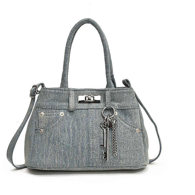 Damen Jeans Handtasche ⎜ Stylische Umhängetasche mit Nieten und Schlüsselanhänger