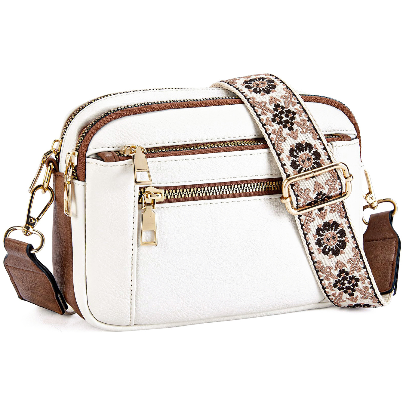 Umhängetasche für Damen ⎜ Kompakte Crossbody Tasche mit mehreren Reißverschlussfächern und breitem Ethno-Riemen
