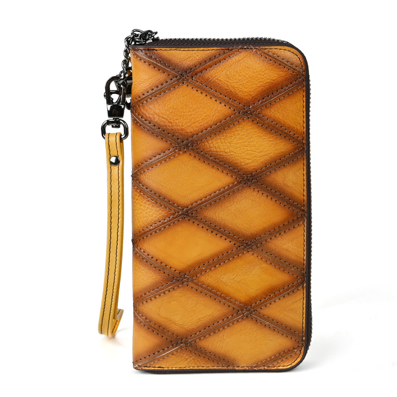 Damen Handy Tasche mit Reißverschluss ⎜ Lange Geldbörse aus Leder mit Rautenmuster und viel Stauraum