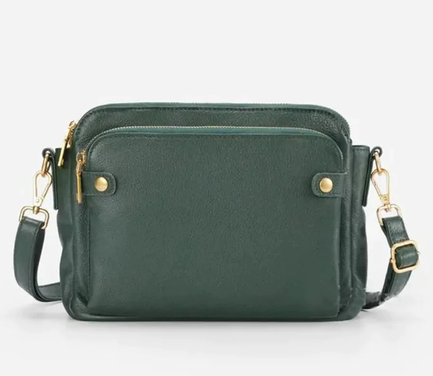 Damen Umhängetasche aus Leder ⎜ Retro Schultertasche mit drei Fächern für Alltag und Reisen
