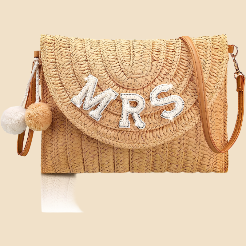 Umhängetasche aus Stroh für Damen ⎜ Stilvolle Clutch mit BRIDE-Schriftzug und Pompons für Junggesellinnenabschied
