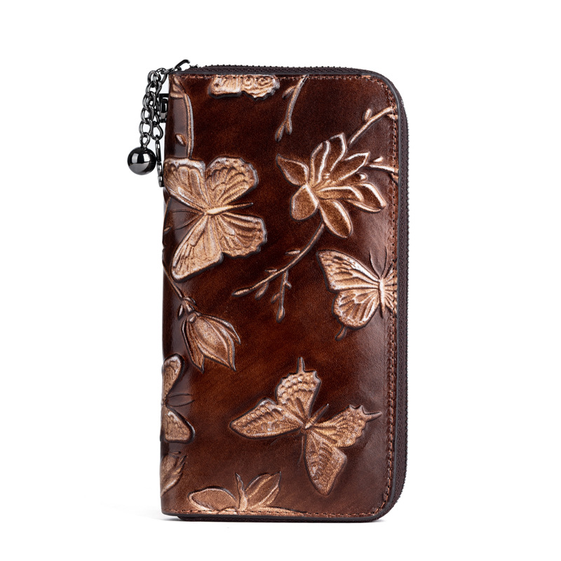 Damen Clutch aus Echtleder ⎜ Vintage Geldbörse mit Schmetterlingsprägung und abnehmbarem Handriemen