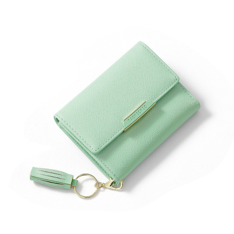 Damen Kurz-Geldbörse mit Quaste ⎜ Faltbare Mini-Brieftasche im schlichten Design mit Schlüsselring und Druckknopf