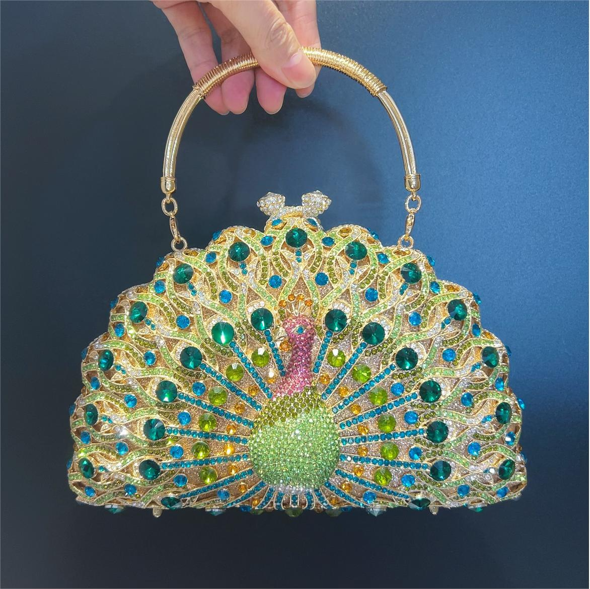 Abendtasche für Damen ⎜ Luxuriöse Pfau-Design Clutch mit funkelnden Kristallen und elegantem Griff