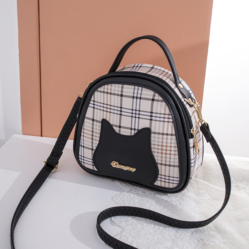 Umhängetasche für Damen ⎜ Karierte Schultertasche mit Katzenmotiv und Tragegriff für Alltag und Freizeit