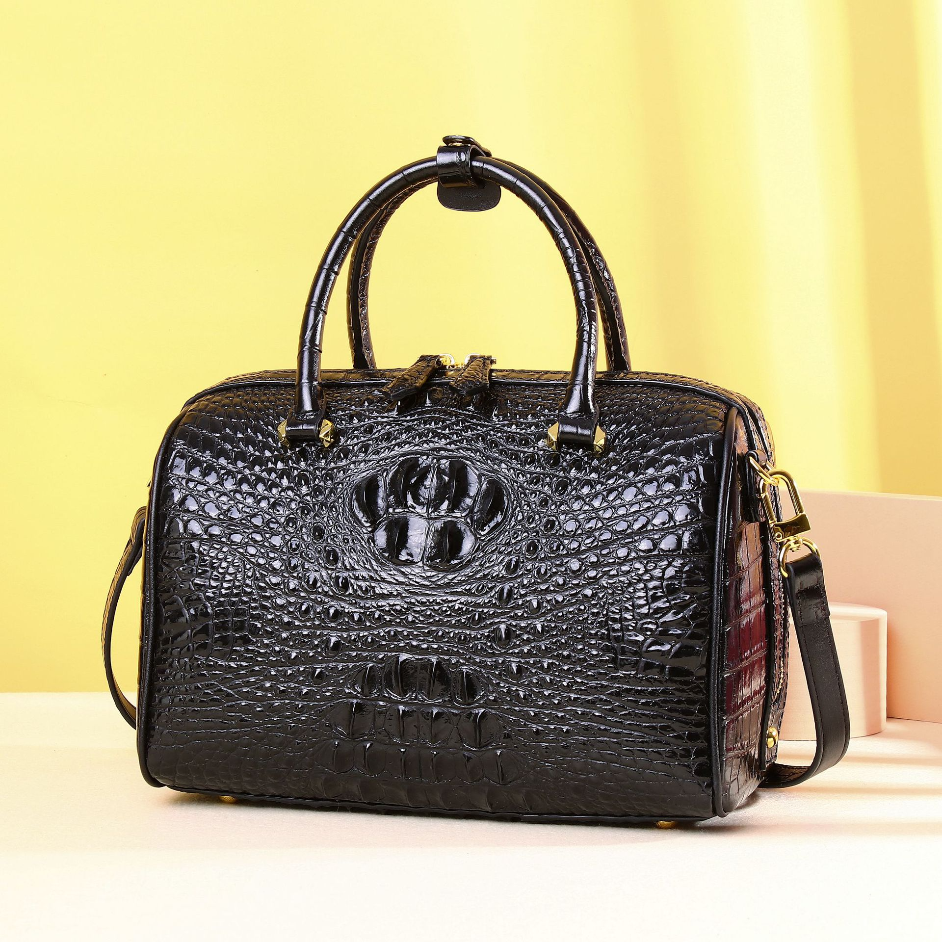 Damen Handtasche in Krokodiloptik ⎜ Klassische Schultertasche mit Henkel und Riemen für stilvolle Auftritte