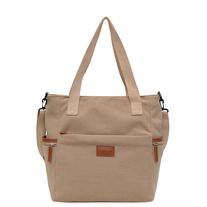Beige Tote Bag für Damen ⎜ Robuste Cord-Tasche mit Leder-Details und Verstellbarem Schulterriemen