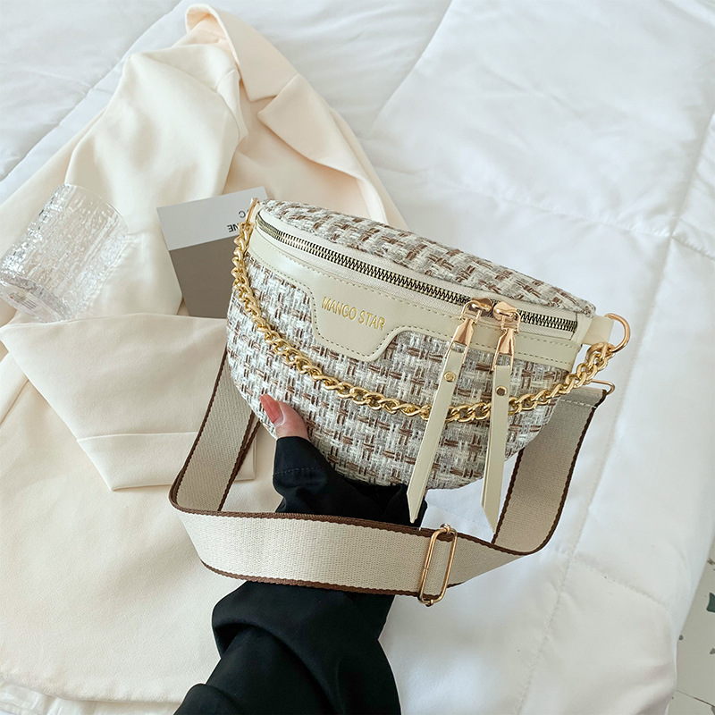 Damen Schultertasche mit Kettenriemen ⎜ Modisches Tweed-Design mit Reißverschluss und breitem Tragegurt